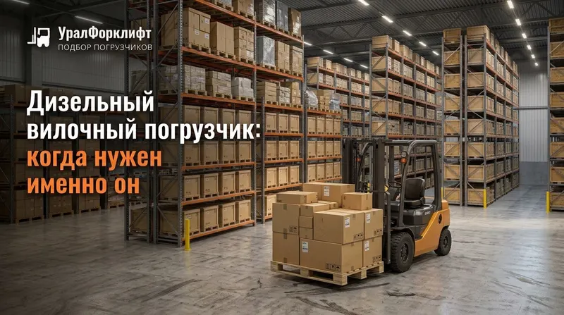 Дизельный вилочный погрузчик перевозит паллеты на складе